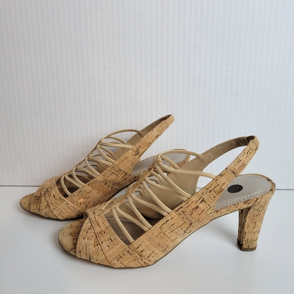 Yera Cork Peep Toe Sling Back Strappy Heeled Sandals - Size 9M - Picture 3 of 6